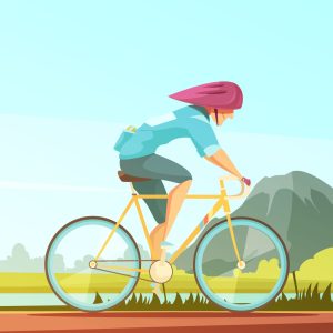 Sportsman retro cartoon set with flat doodle style character of professional wheelman riding the bicycle outdoors vector illustration